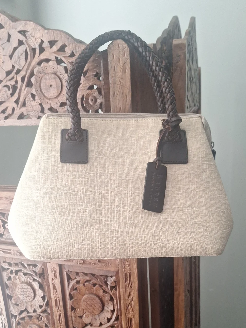 LAUREN - Ralph Lauren Beige Linen Purse with Brown Leather Braided Handles